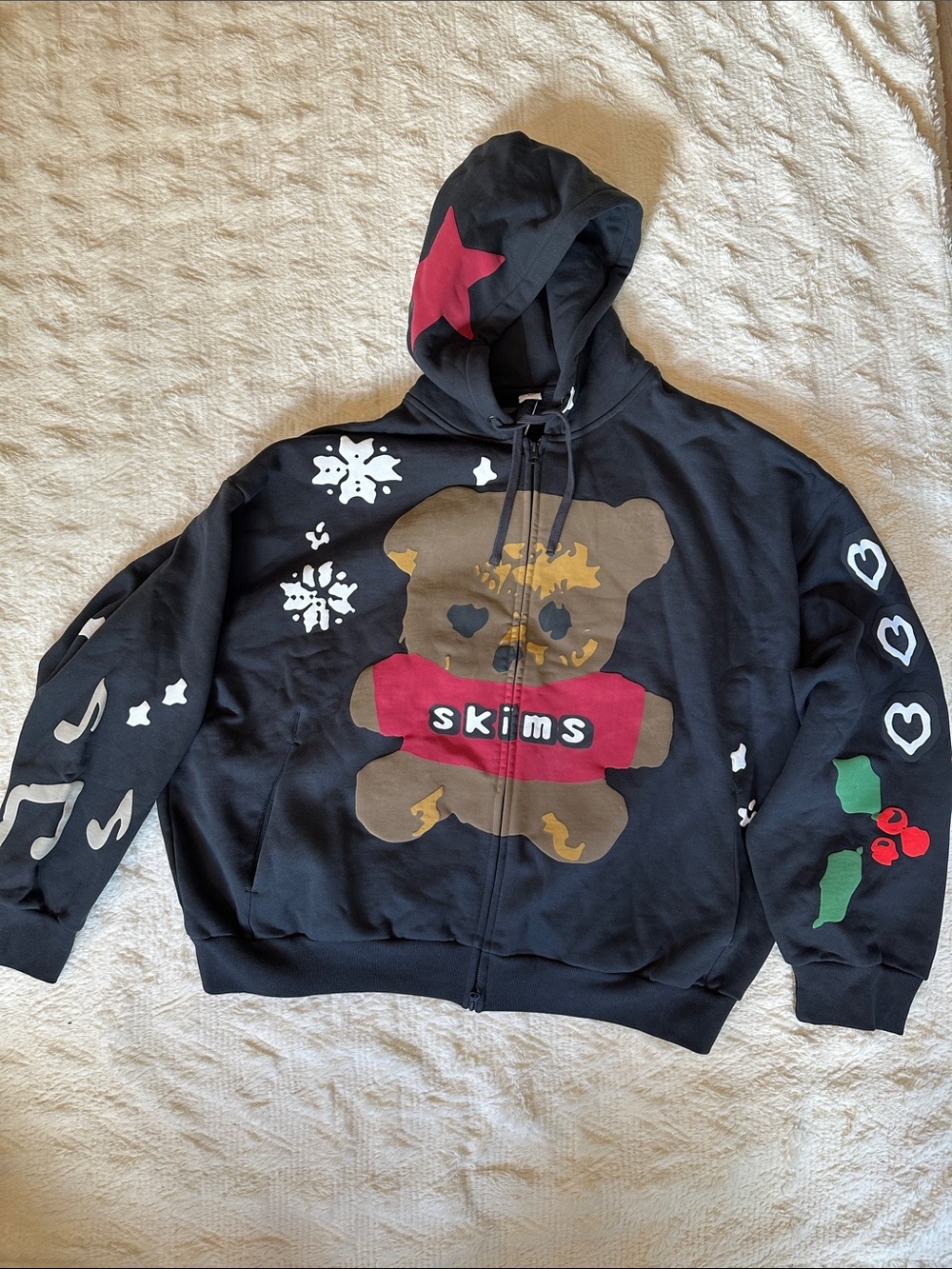 SKIMS Holiday Teddy Graphic Zip Hoodie with Red and Green Accents NEW​